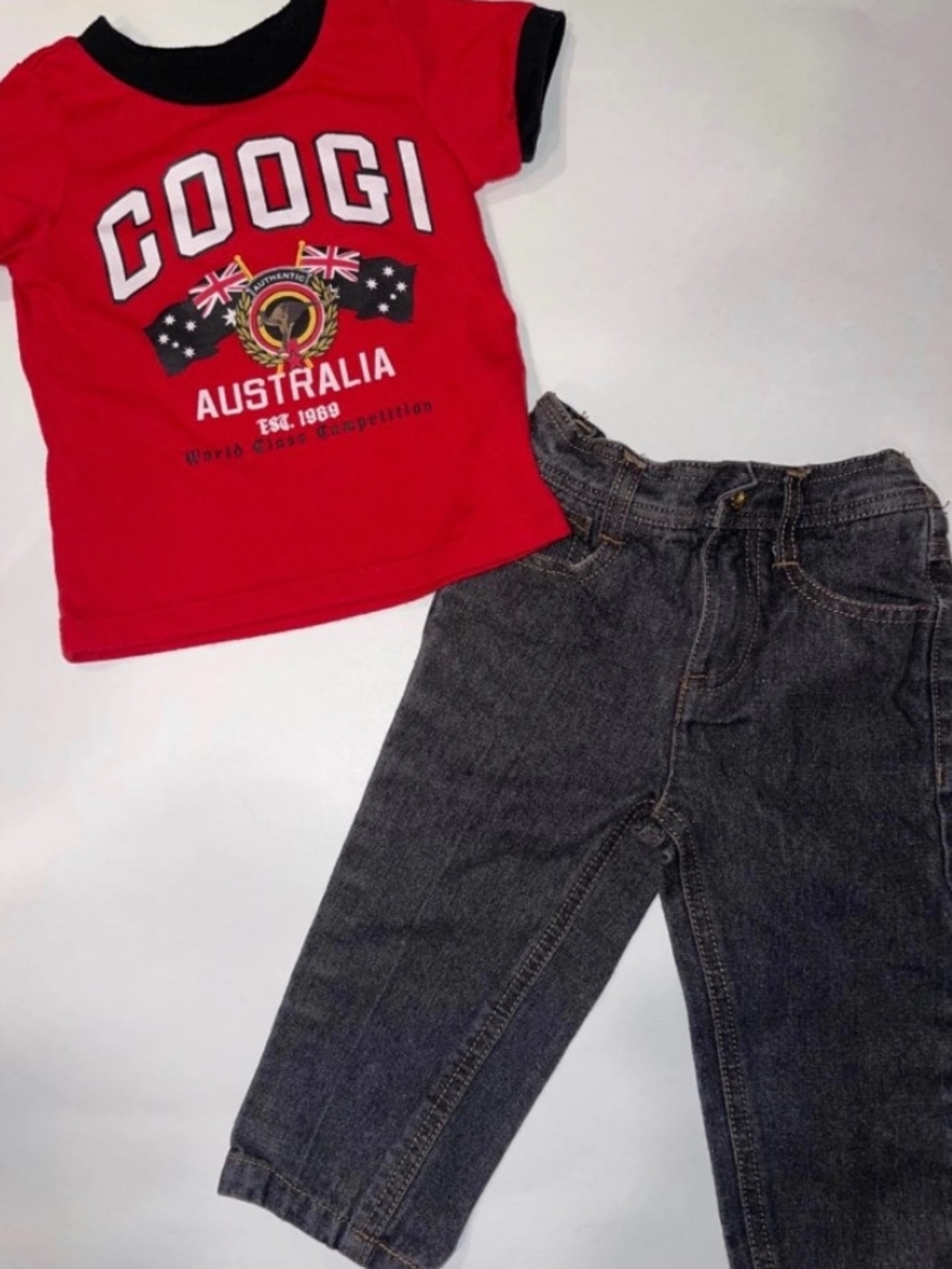 COOGI Red Tee with Black Trim & Dark Denim Pants
